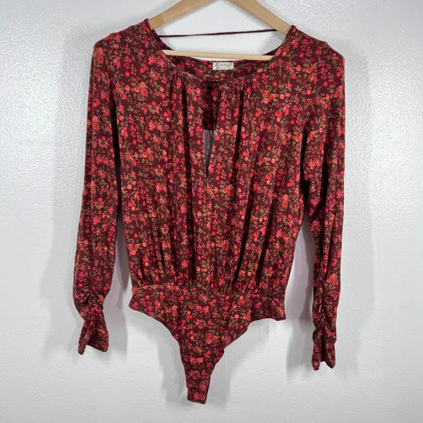 Free‎ People Intimately Kaya Print Cutout Bodysuit Chocolate Combo Womens Medium Red - Image 3