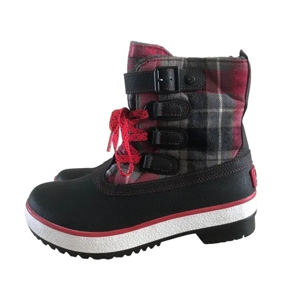 Ugg Decatur Red & Black Plaid Lace Up‎ Rubber Duck Winter Boots 6 - Image 2
