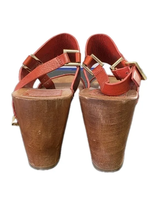 Tory Burch Womens Orange Gold Leather Wooden Wedge Sandals Size 9 Boho Preppy - Image 5