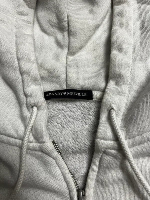 Brandy Melville White Cropped Zip Up Hoodie - Image 4