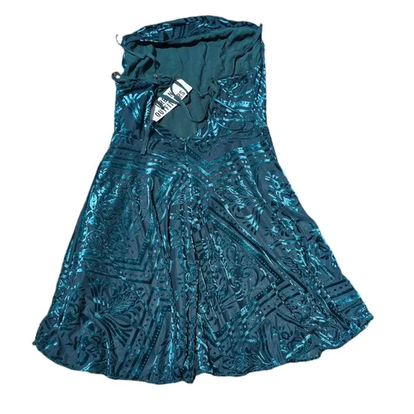 Urban Outfitters NWT 53Y UO‎ Lexi Dress Mini Teal Turquoise Velvel Burnout XS - Image 7