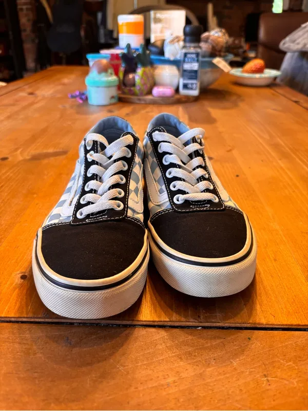 Vans womens old Skool checkerboard light blue and white sneakers 7 - Image 4