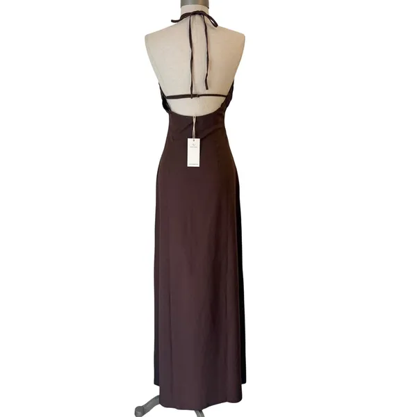 Riot Swim Dani Halter Maxi Dress S Ruched Backless Linen Resort Beach Brown NWT - Image 3