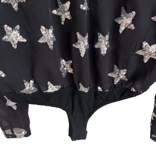 Buddy Love Black Silver Sequin Star Long Sleeve Wrap Bodysuit Womens Medium - Image 6