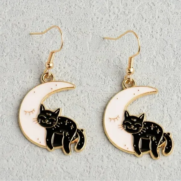 The Moon Exquisite Enamel Black Cat Design Dangle Earrings - Image 2