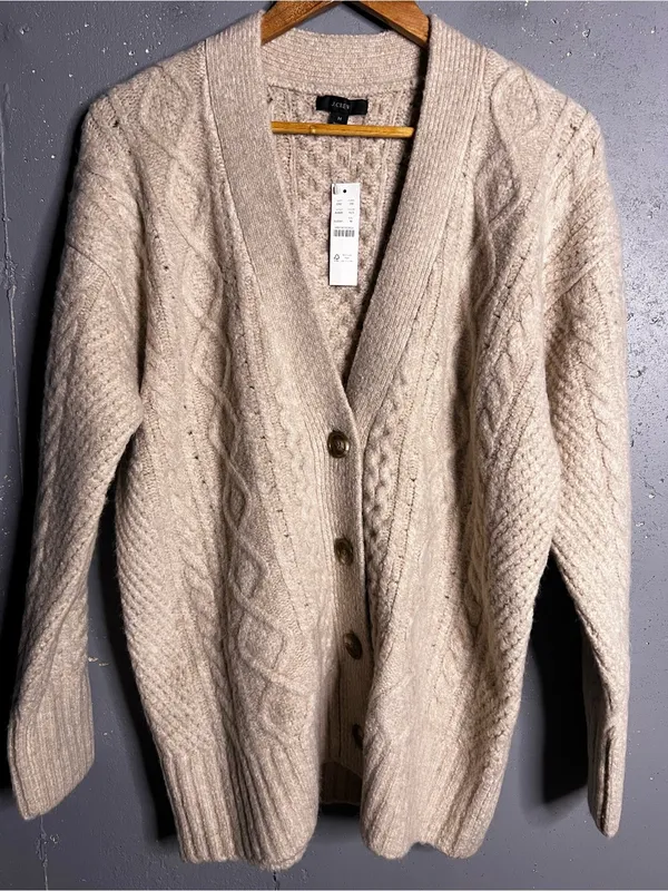 J. Crew Cable-Knit Merino Wool Alpaca Blend Cardigan Sweater Off White. Medium - Image 2