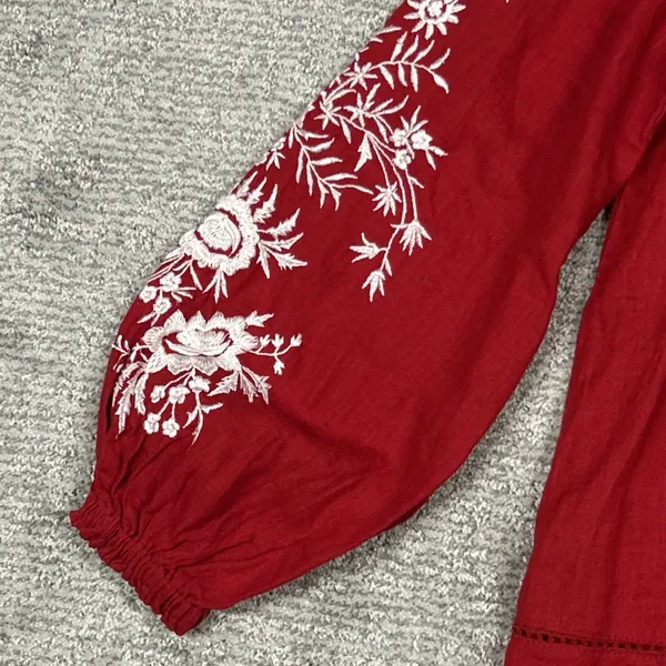 Sundance Blouse Womens XS Linen Embroidered Peasant Boho Top Red Oversized - Image 4
