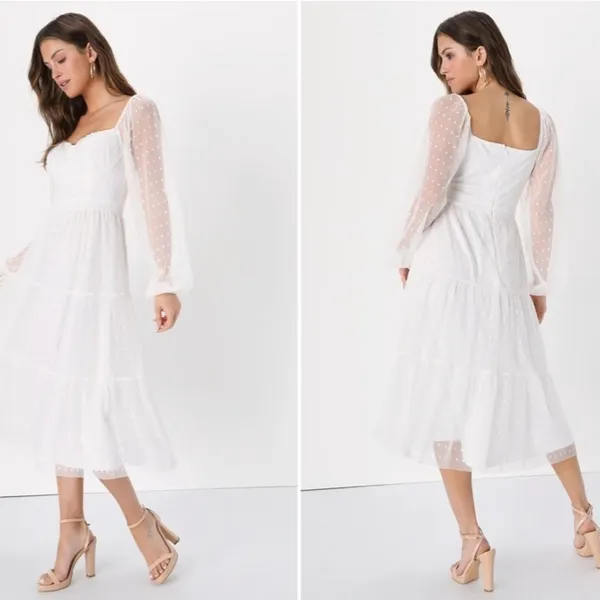 COPY - LULU's Bridal Shower Reception Swiss Dot Romantic Long Sleeve Midi Dress - Image 4