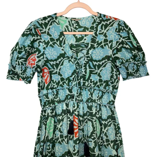 Lukap Paris Floral Cotton Maxi Dress Green Blue Smocked Puff Sleeve S/M Boho‎ - Image 4