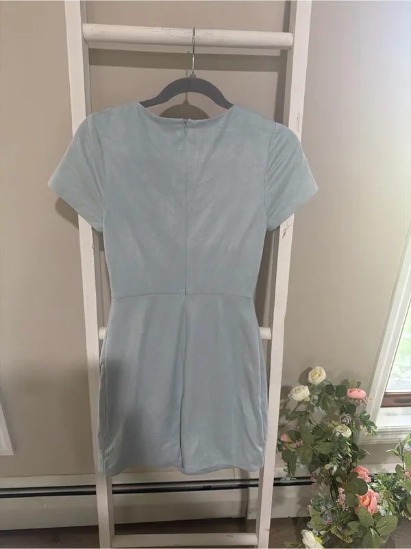 Aqua Pale Blue Short Sleeve Asymmetrical Wrap Dress - Image 3