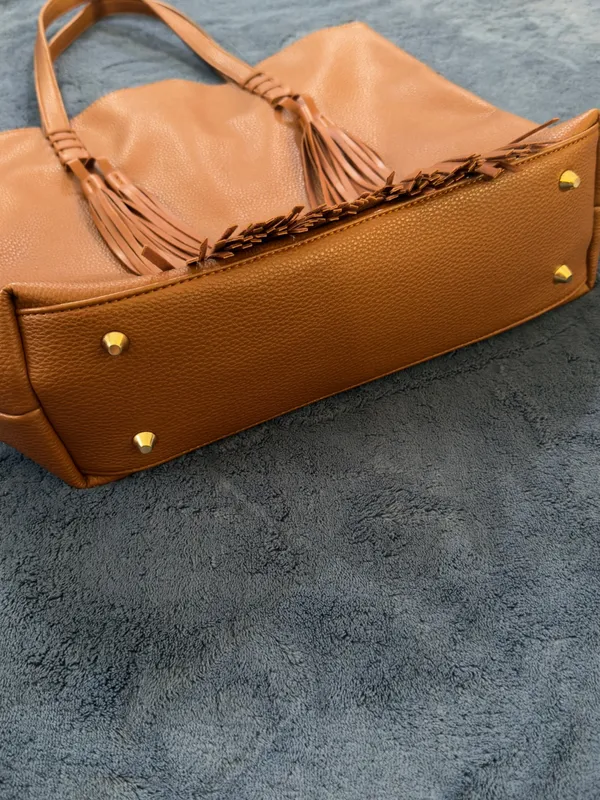 Tassel Detail Leather Tote in Cognac Brown - Image 4
