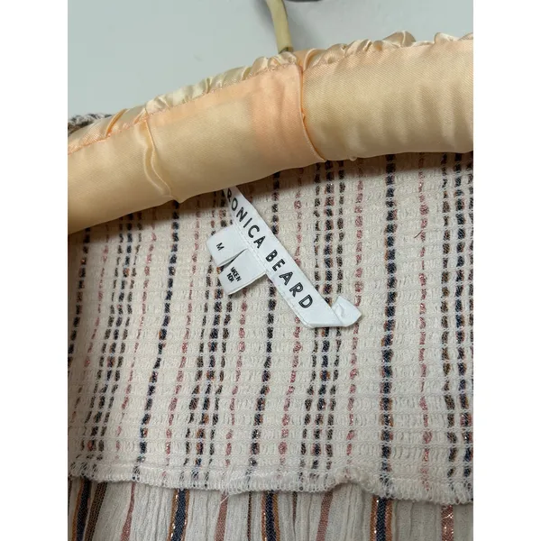 Veronica Beard Medium Cox Smocked Striped Mini Dress Beige Rose Gold Boho Chic - Image 4