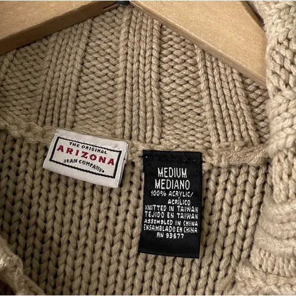 Arizona Jeans Y2K Cable Knit Cardigan Size Medium Tan Button Sweater Chunky Academia - Image 5