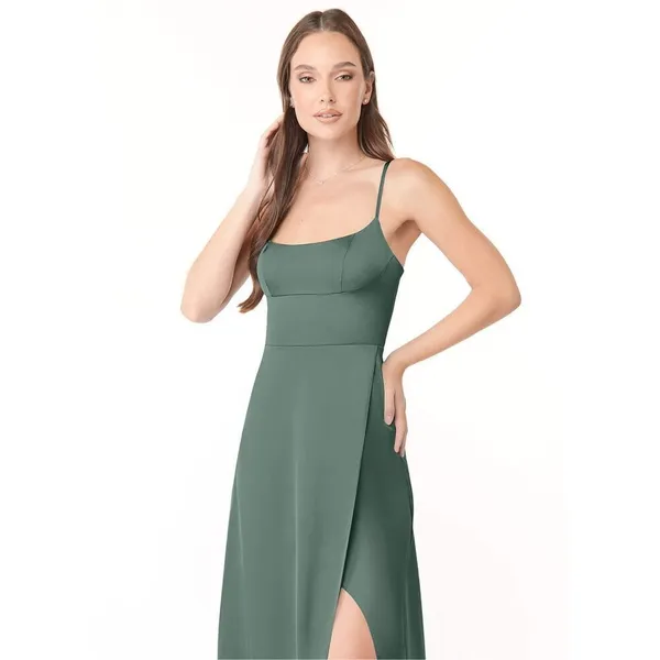 ✨Azazie Halsey Stretch Sea Moss A-Line Side Slit Stretch Satin Sz A8 Dress✨ - Image 4