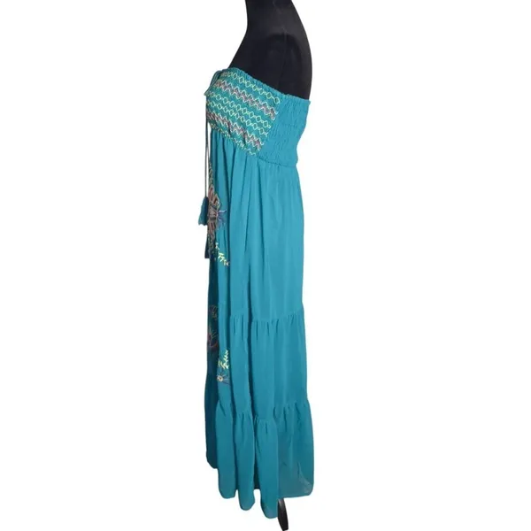 Flying Tomato BOHO Embroidered Floral Smocked Strapless Tiered Maxi Dress Womens S Teal Beach - Image 2