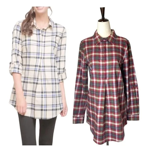 Tyler Boe Shirt Women Small Red Plaid Cotton Collared‎ Pleated Tina Tunic Preppy - Image 2