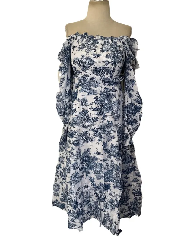 Hyacinth House Long Sleeve Georgina Midi Dress in Blue Toile XXSmall New Womens - Image 5