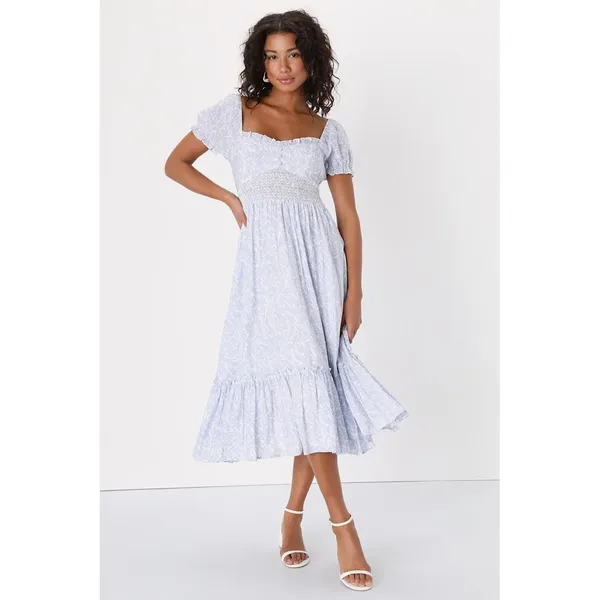 New! Lulus Dreamy Darling Blue and White Floral Puff Sleeve Midi‎ Dress Sz Small - Image 2