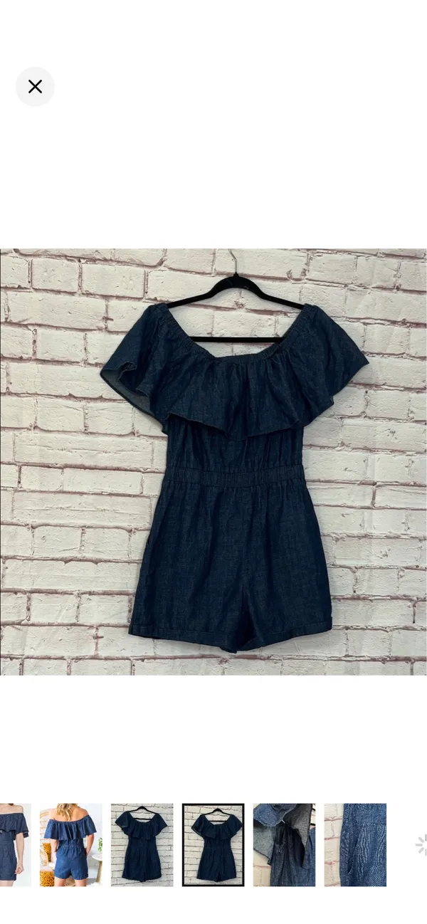 Storee Dark Chambray Off Shoulder Shorts Romper 100% Cotton Navy Small. Like new. Stretchy band around upper arms. Zipper on side. No stretch in body but stretchy waist. Pockets. 14” bust 21” rise 3” inseam - Image 4