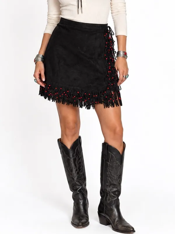 Vintage Black Suede Fringe Red Bead Western Wrap Midi Skirt L XL Cowgirl - Image 4