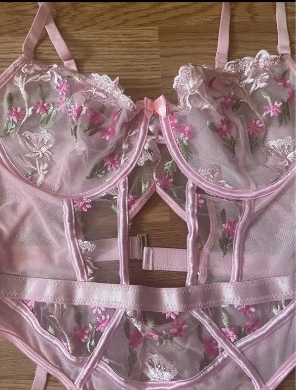 Pink Floral Embroidered Lingerie Bodysuit - Image 2