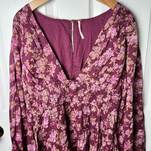 Free People Mauve Keep You Floral Smocked V Neck Mini Dress Berry Combo S - Image 3