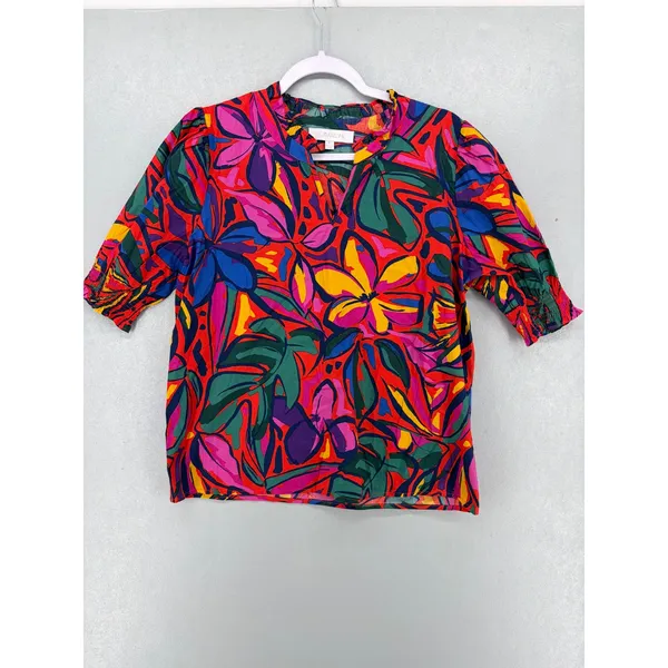 Sugarlips Womens Blouse Tropical Floral Ruffle Neck‎ Smocked Cuff Medium - Image 2