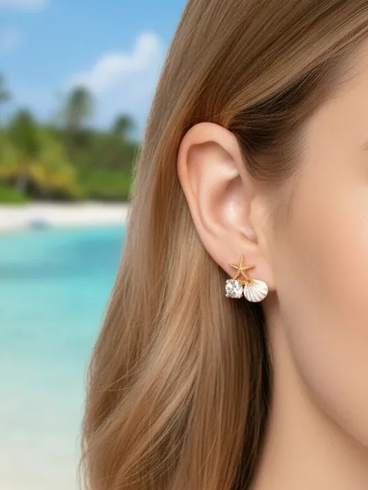 Gold Starfish & Shell Stud Earrings with White Enamel and Pearl Accent - Image 2