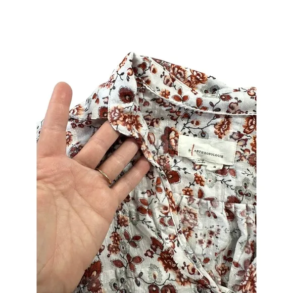 Anthropologie Gauzy Cream Floral‎ Button Front Cropped Blouse Rust Long Sleeve - Image 5