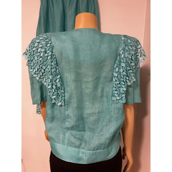 LERMAJ Vintage Teal Linen Blend Two Piece Set Lace Wrap Top Wide Leg Pants M/L - Image 7