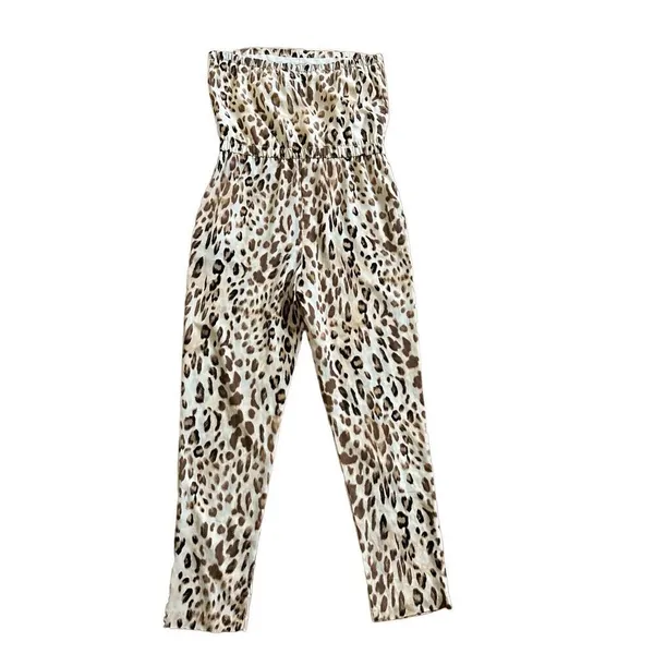 WAYF Leopard Print Jumpsuit Tan Brown‎ Strapless sz M - Image 3