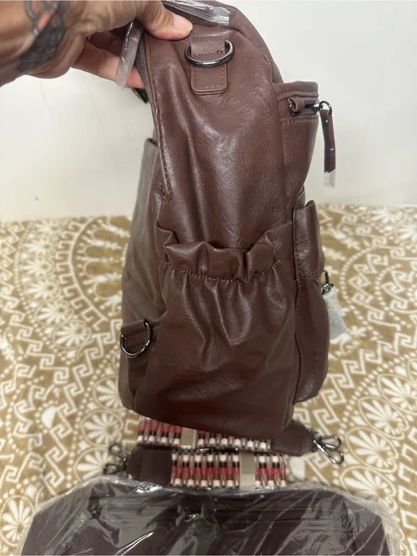 Everyday Brown Faux Leather Women's Backpack with Detachable Patterned Straps - Image 4