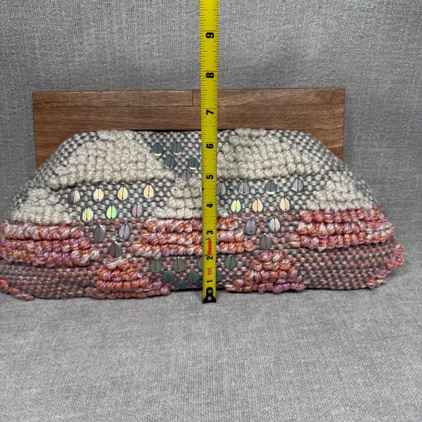 Fabulous MJ New York Knit Sequin Wood Frame Clutch Bag Pink Cream‎ Boho Unique - Image 4