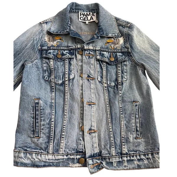 PAM & GELA Statement Denim Embroidered Jacket with Rhinestone Eagles‎ Size Small - Image 12