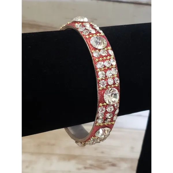 Vintage Bracelet / Bangle Red Glitter & Clear Gem 7.5" - Image 3