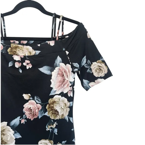 Haute Monde Floral Midi Dress M Black Off The Shoulder Sheath Bodycon‎ Pink Rose - Image 6