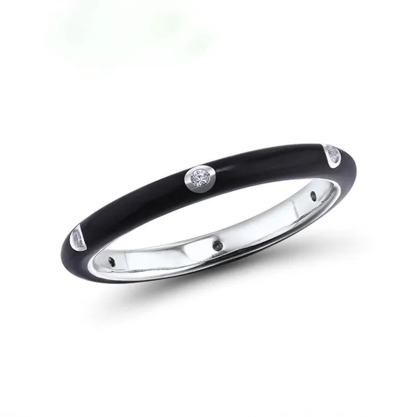 Women's Pave’ Diamond Black Enamel Stackable 925‎ Sterling Silver Ring Size 8 - Image 6