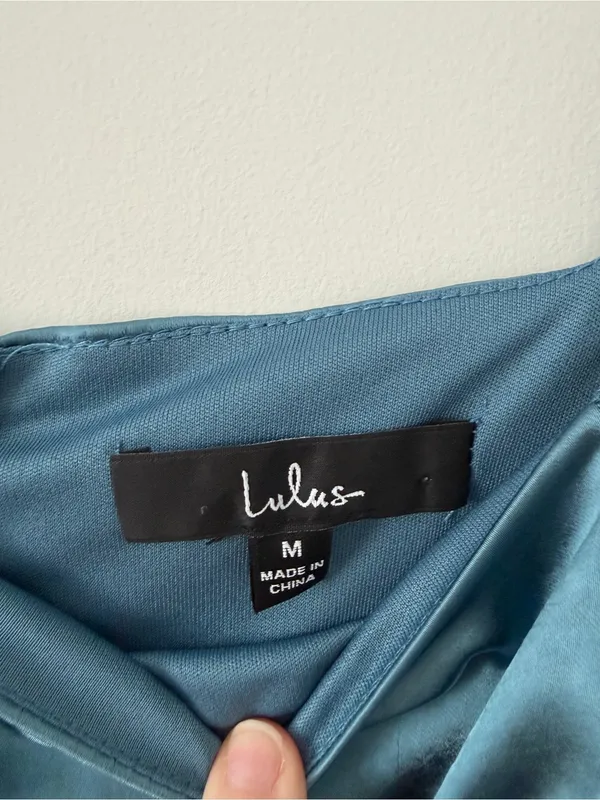 Lulu’s Got The Love Slate Blue Satin Square Neck Mini Long Sleeve Dress Medium - Image 5