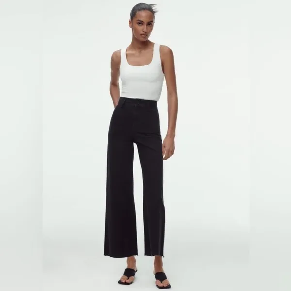 Zara Marine (Sailor) Straight Wide Leg High Waisted Raw Hem Jeans Washed Black 2 - Image 3