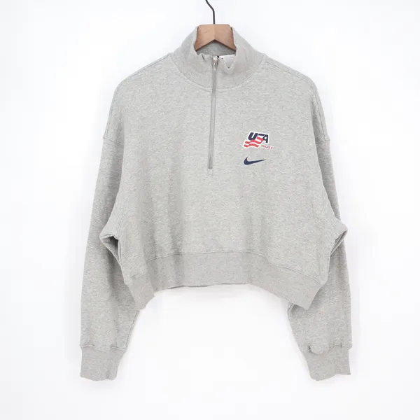 Nike USA Hockey Phoenix Crop Quarter Zip Sweatshirt Heather Grey Large - Image 2