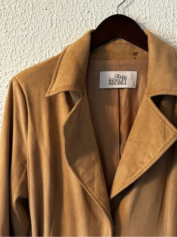 Badgley Mischka Tan Faux Suede Camel Long Belted Trench Coat - Image 7