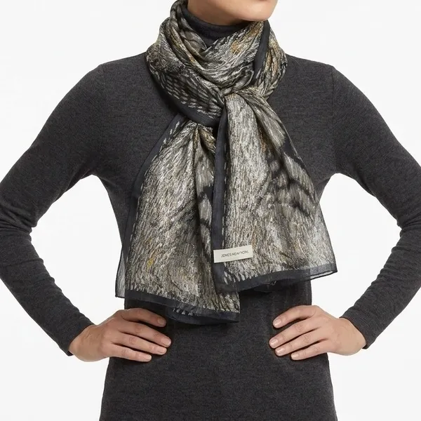 Vintage Jones New York Scarf Grey Gold Metallic Abstract Sheer 100% Silk Luxury - Image 7