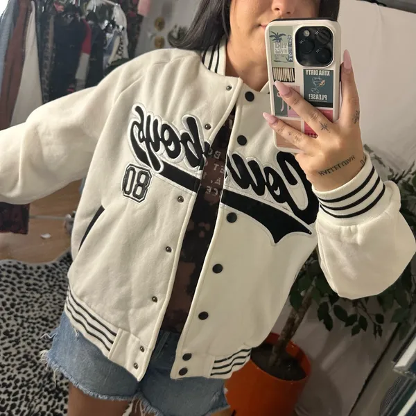Edikted Cowboys Snap Front Varsity Jacket White Size Large - Image 6