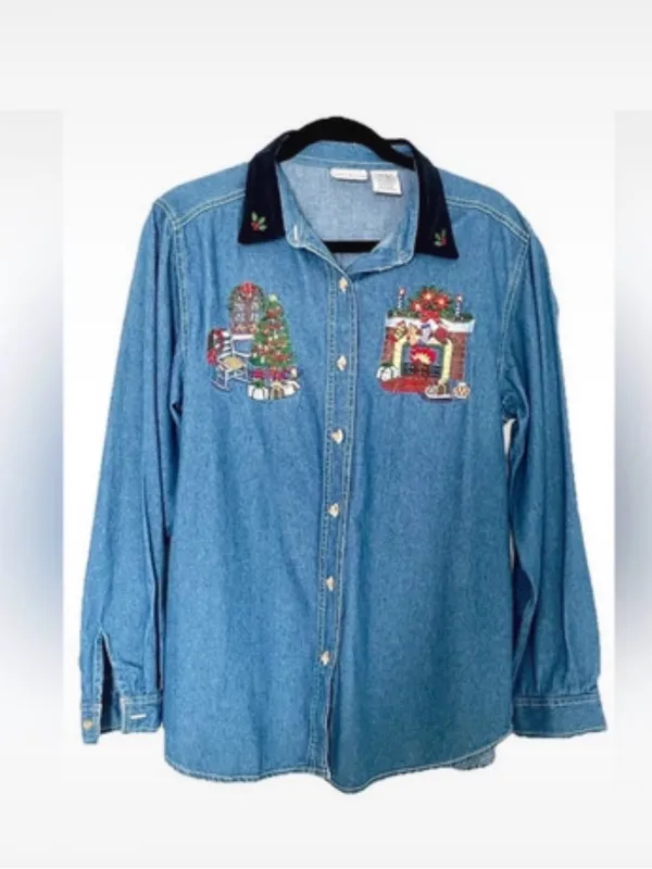 Vintage 90s Ugly Christmas Embroidered Denim Holiday Shirt Velvet Collar - Image 11