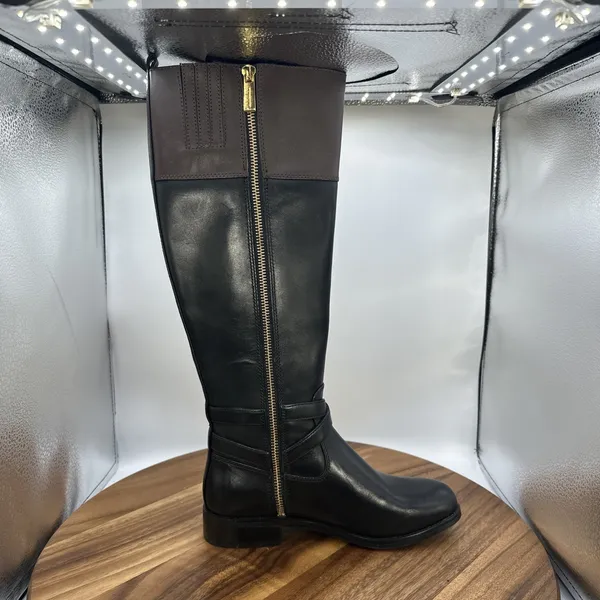 Michael Kors Preston‎ Two Tone Leather Riding Boots Black Brown Women's 5.5M - Image 5