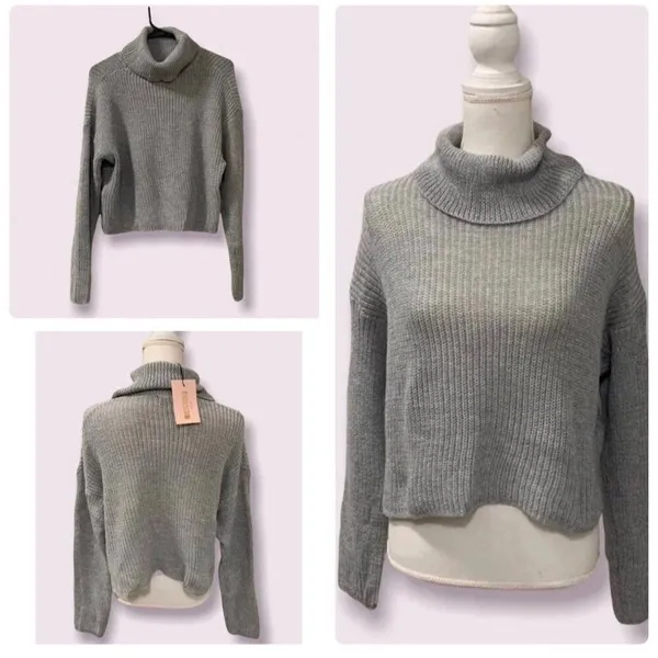Missguided NWT Women Medium Grey Turtleneck Long Sleeve Knit Crop Top Sweater - Image 2