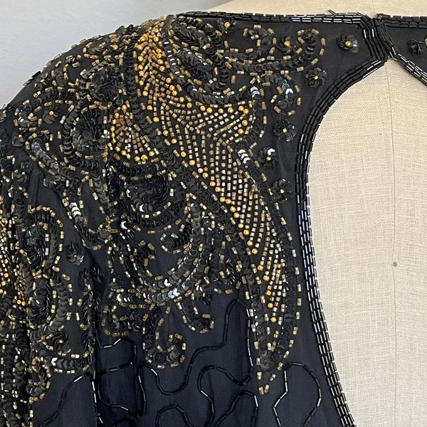Vintage Black & Gold Silk Beadwork Cocktail Dress Open Back 80s Evening Party - Image 6