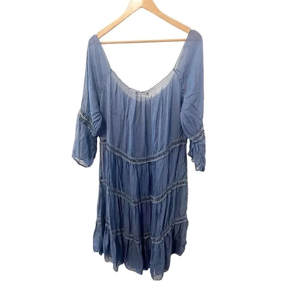 Baci Blue 100% Silk Boho Sheer Midi Dress‎ - Image 2