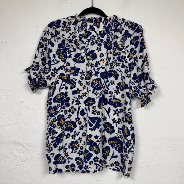 Cabellero Blue White Floral Silk Blend Blouse Womens L Puff Sleeve Boho Shirt - Image 7