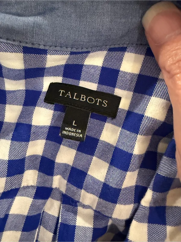 Talbots Gingham Plaid Shirt Sz L Button Front Blouse Top Blue Cotton Long Sleeve - Image 6